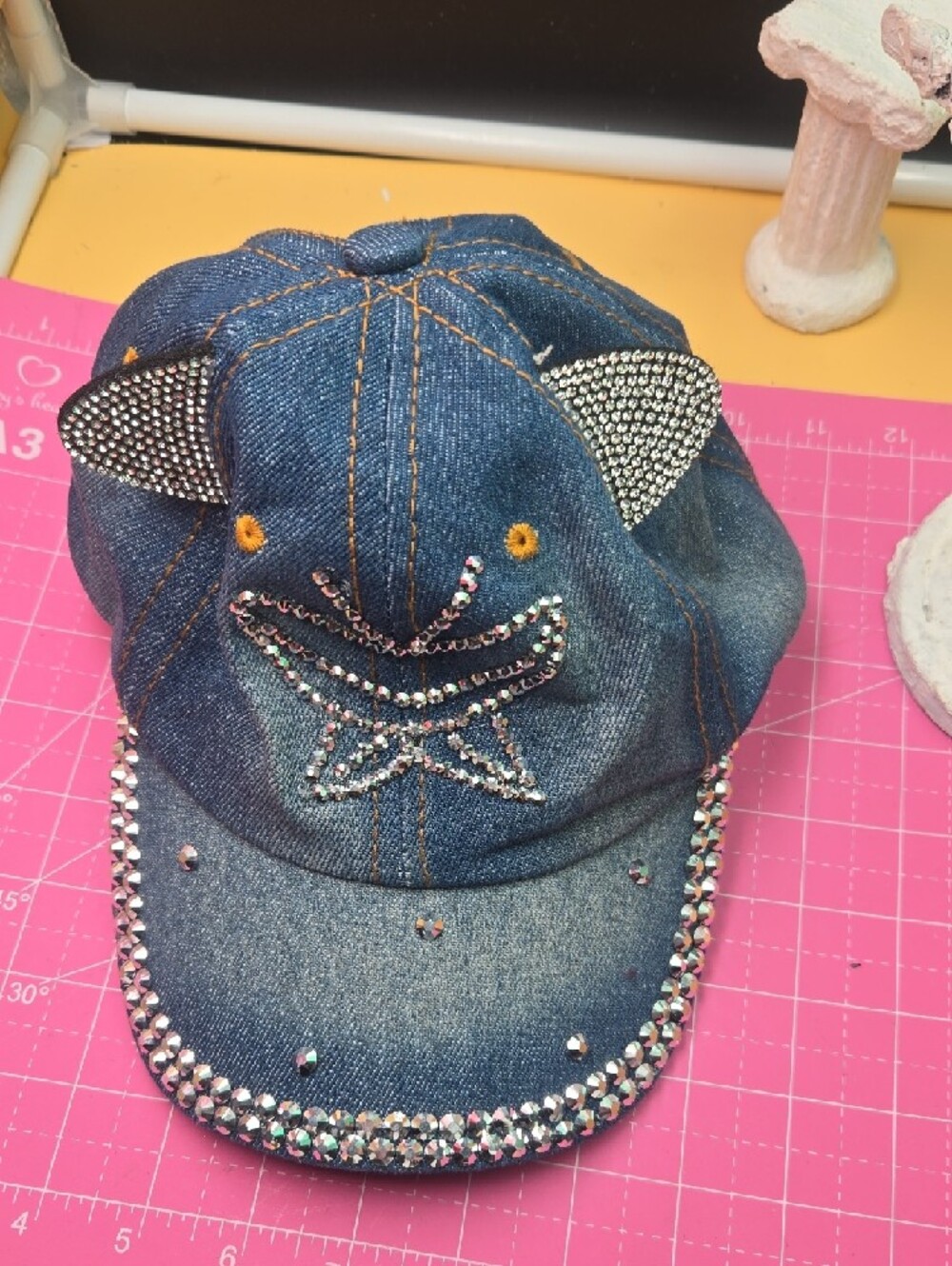 Denim Crystal Cat Ear Baseball Cap - Picture 2 of 5